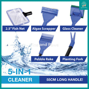 Aquarium 5-in-1 Cleaning Kit - Algae Scraper Fish Net Glass Cleaner Pebble Rake and Planting